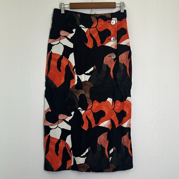 H&M - Tropical Floral Three Button Lightweight Linen Blend Midi Skirt Size 4 - Picture 3 of 9